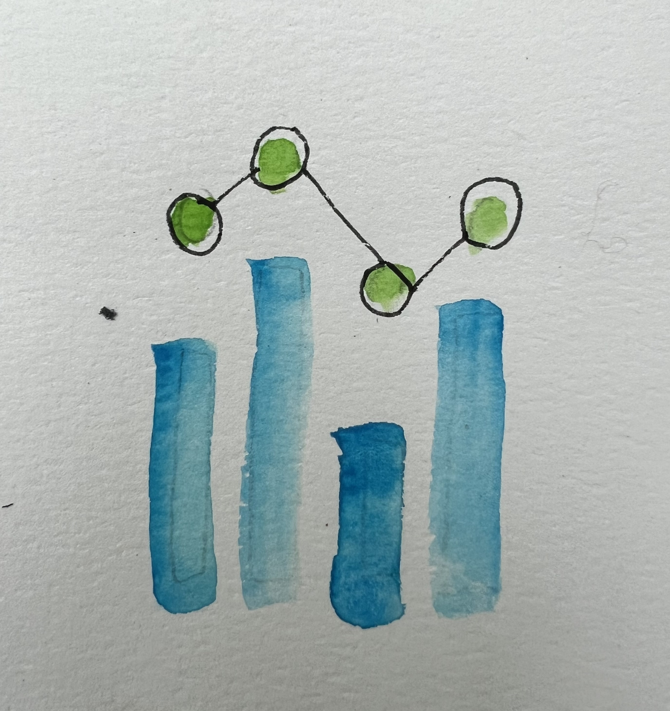 En gruppe blå og grønne objekter