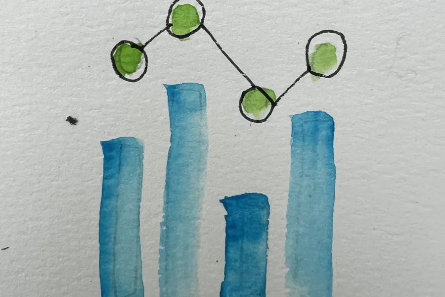 En gruppe blå og grønne objekter