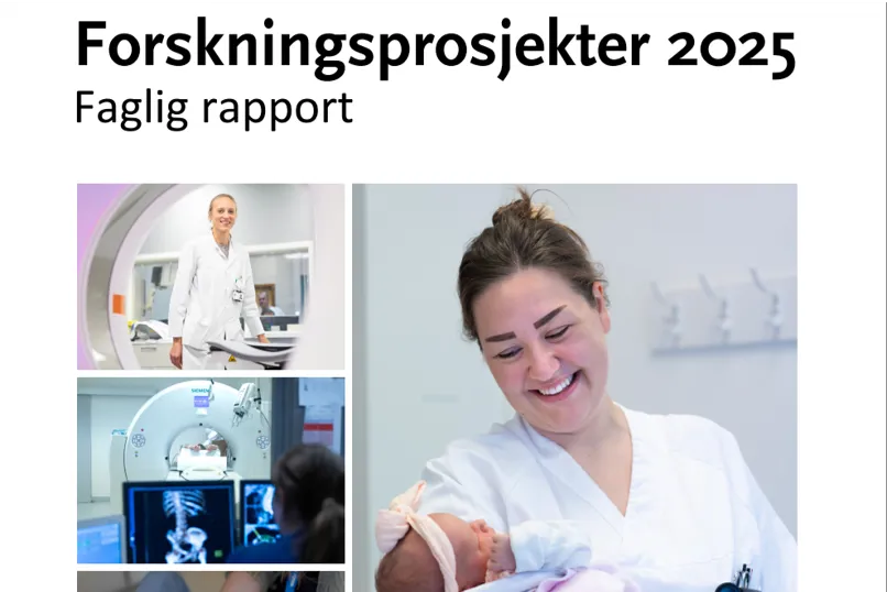 Forside til rapporten «Forskningsprosjekter 2025 – Faglig rapport» fra Helse Vest, med bilder fra medisinsk arbeid og helsetjenester.