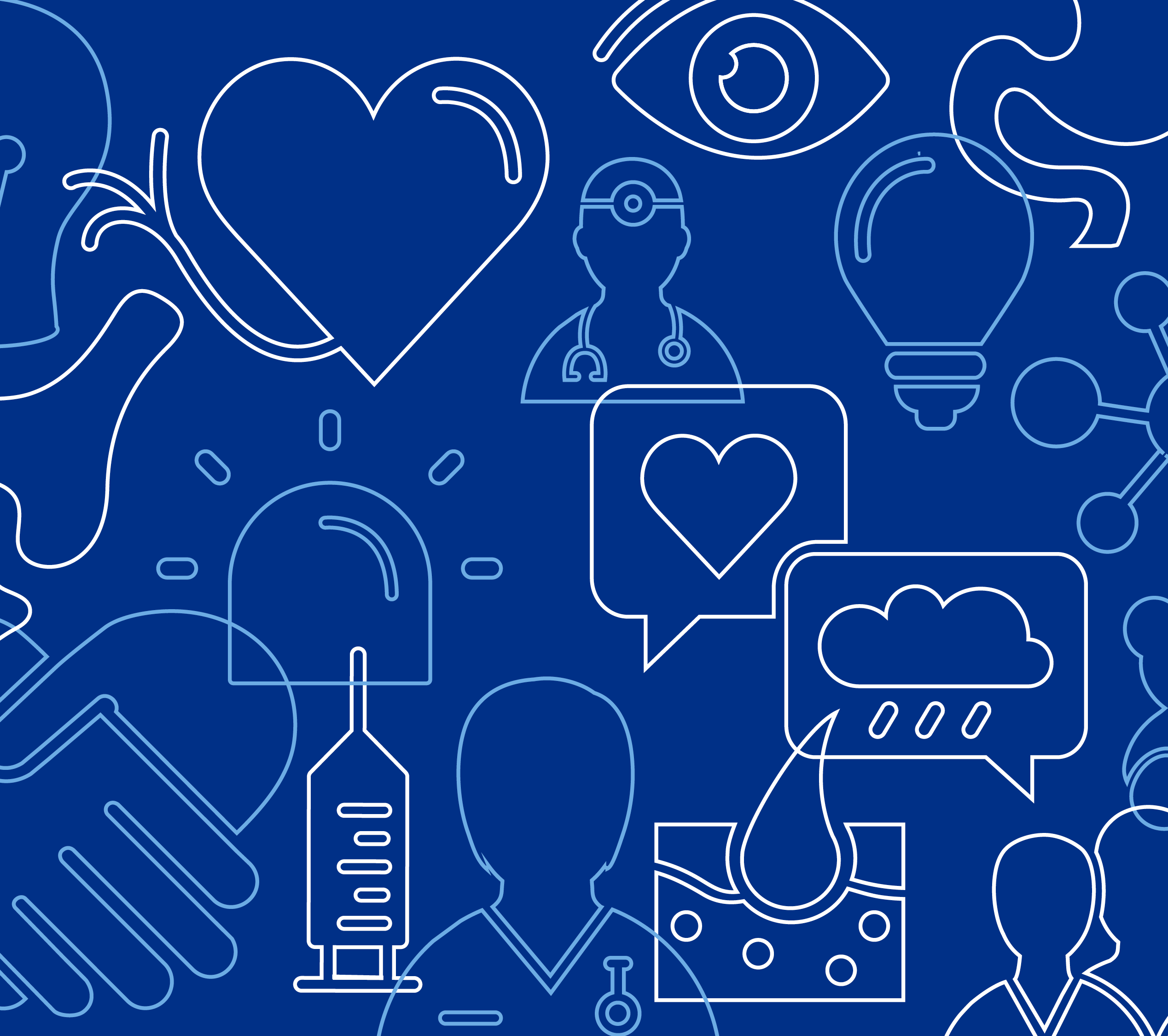 Ulike helserelaterte ikoner på mørk bakgrunn. Grafikk.