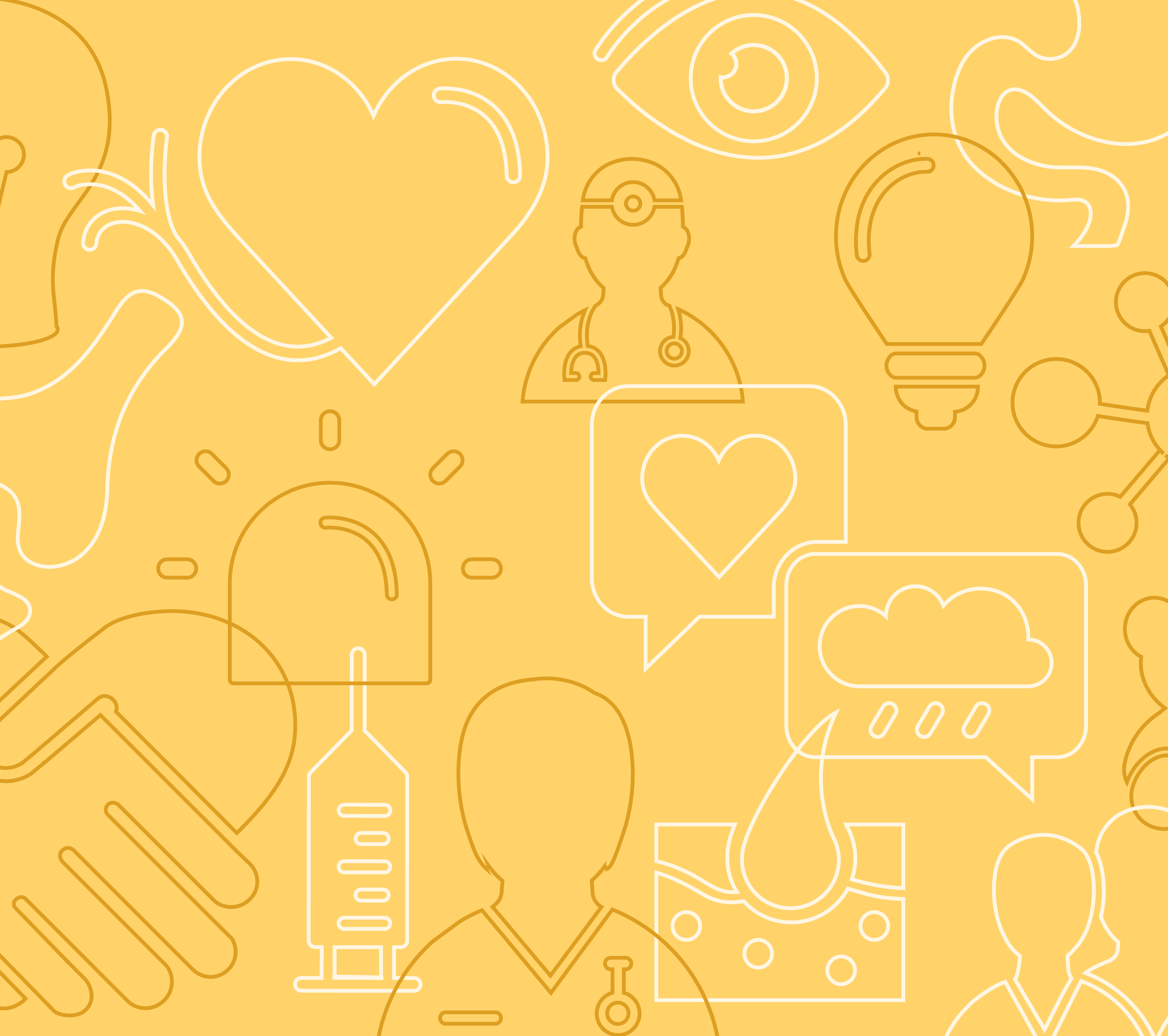 Hvite og oransje symboler som hjerte, øye og lege på gul bakgrunn.