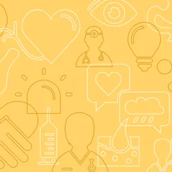 Hvite og oransje symboler som hjerte, øye og lege på gul bakgrunn.