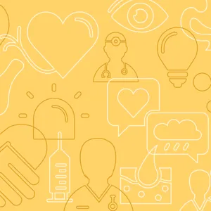 Hvite og oransje symboler som hjerte, øye og lege på gul bakgrunn.