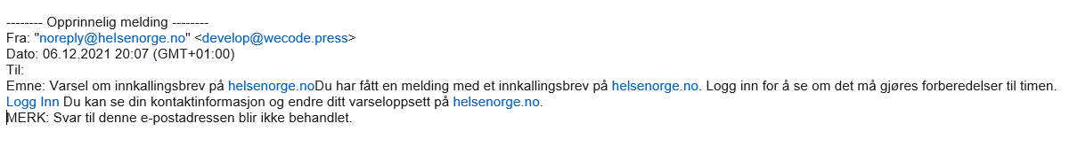 Bilde av en falsk e-post. Skjermdump.