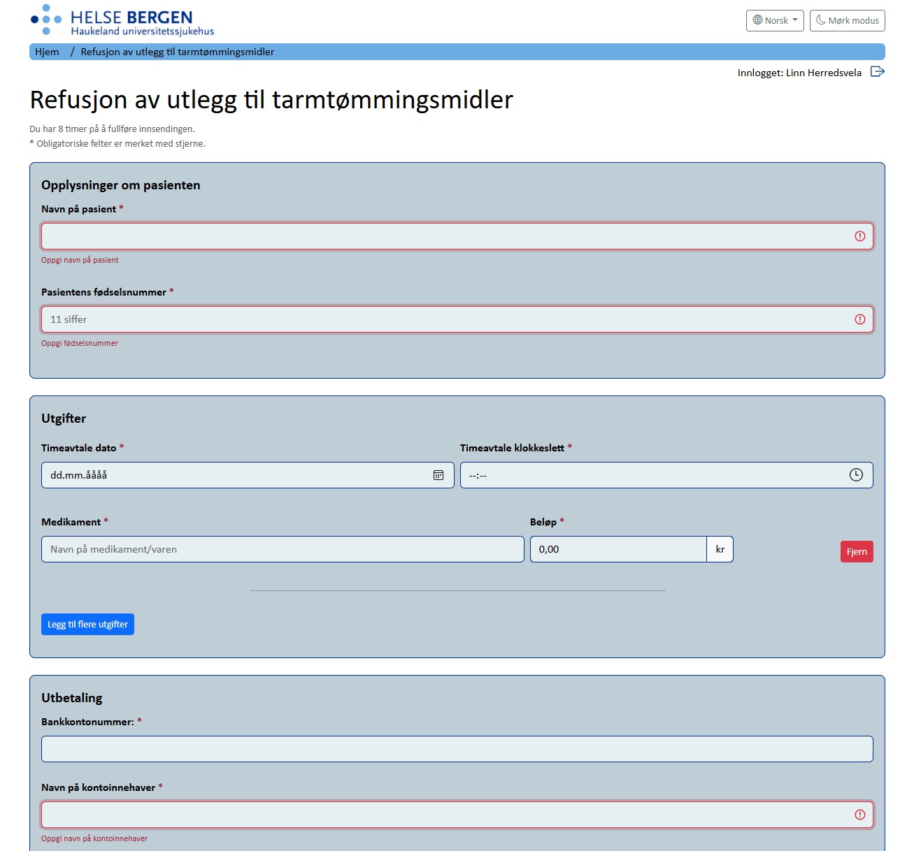 Skjermdump av det nye refusjonsskjemaet.