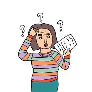 En tegnet dame som ikke forstår en tekst