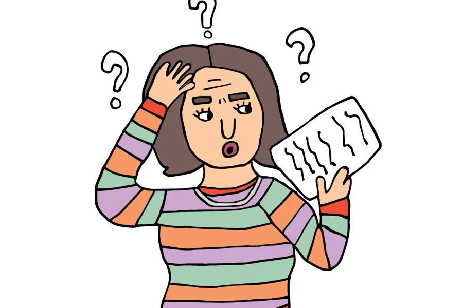 En tegnet dame som ikke forstår en tekst